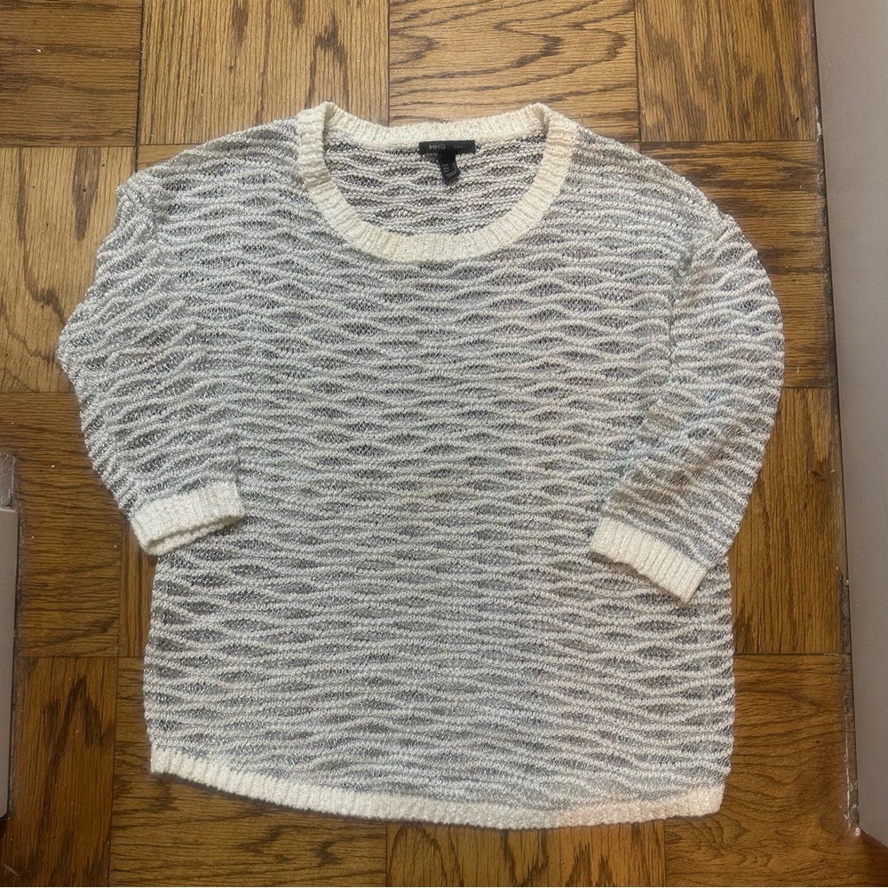 Mango white & silver sparkle sheer textured scoop neck sweater with silk.